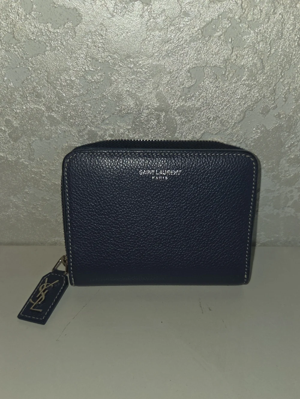 Saint Laurent Navy Pebbled Zip Wallet with Gold Logo Tag